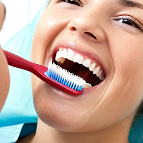 Home 14 **Dental hygienist demonstrating proper brushing technique to a patient, close-up on teeth and brush, friendly and educational setting, bright lighting.** (Focuses on patient communication and preventative care)