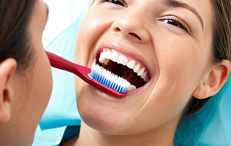 **Dental hygienist demonstrating proper brushing technique to a patient, close-up on teeth and brush, friendly and educational setting, bright lighting.** (Focuses on patient communication and preventative care)