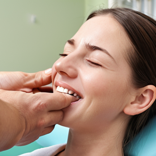 Home 7 **
A dental hygienist student comforting a patient during a practical exam. Focus on the empathetic expression and gentle touch. The background should subtly show the dental exam setting.
**