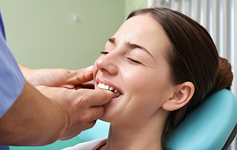 **
A dental hygienist student comforting a patient during a practical exam. Focus on the empathetic expression and gentle touch. The background should subtly show the dental exam setting.
**