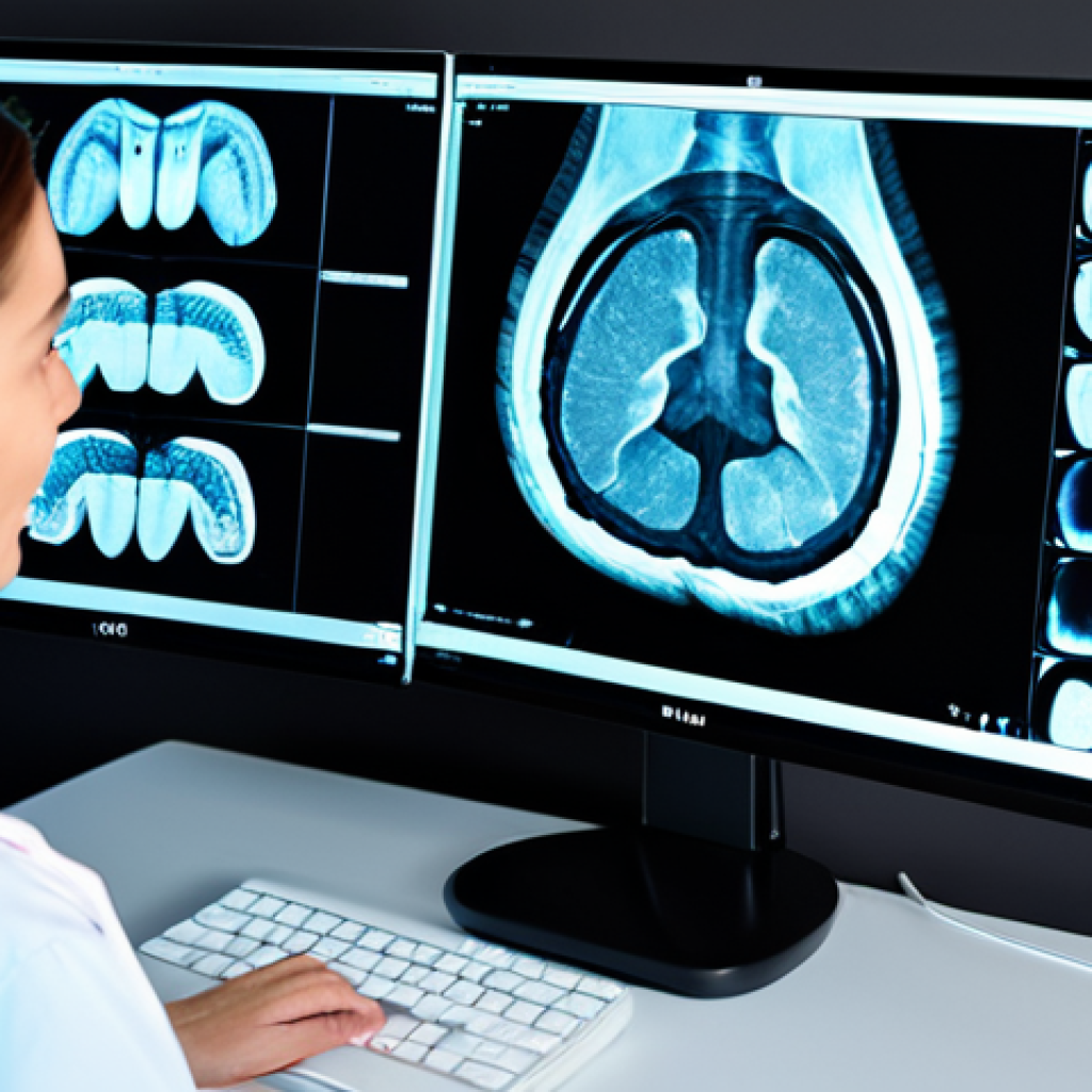 A professional female dentist in a modest lab coat over a professional shirt, meticulously examining high-resolution dental X-ray images on a large, modern computer screen. The screen displays subtle AI interface elements highlighting areas of interest, suggesting an AI-assisted diagnosis. The setting is a clean, well-lit contemporary dental office with modern equipment. She holds a stylus, engaging with the digital interface, demonstrating a focused and expert natural pose. The image emphasizes perfect anatomy, correct proportions, well-formed hands, and a natural body proportion. High-quality professional photography, safe for work, appropriate content, fully clothed, professional dress.