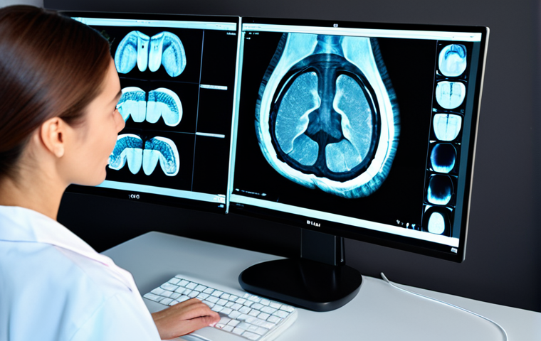 A professional female dentist in a modest lab coat over a professional shirt, meticulously examining high-resolution dental X-ray images on a large, modern computer screen. The screen displays subtle AI interface elements highlighting areas of interest, suggesting an AI-assisted diagnosis. The setting is a clean, well-lit contemporary dental office with modern equipment. She holds a stylus, engaging with the digital interface, demonstrating a focused and expert natural pose. The image emphasizes perfect anatomy, correct proportions, well-formed hands, and a natural body proportion. High-quality professional photography, safe for work, appropriate content, fully clothed, professional dress.