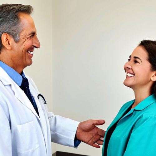 Welcoming Dental Patient**

"A friendly and professional female dentist warmly greeting a senior male patient in a bright and modern dental office reception area. The dentist is wearing a clean lab coat and the patient is fully clothed in everyday attire. Focus on creating a welcoming and reassuring atmosphere. Safe for work, appropriate content, fully clothed, professional, modest, perfect anatomy, correct proportions, natural pose, high-quality rendering."

**