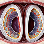 **Carranza's Clinical Periodontology:** "A detailed microscopic view of periodontal tissue, showcasing healthy gingiva transitioning to inflamed tissue with pocket formation and calculus deposits. Emphasize the cellular and bacterial components. Academic style, bright lighting, safe for work, appropriate content, fully clothed, professional, educational, natural proportions."