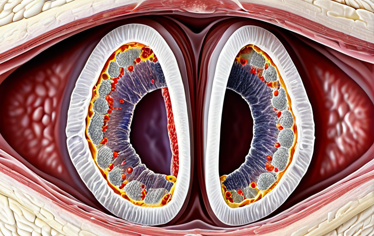 **Carranza's Clinical Periodontology:** "A detailed microscopic view of periodontal tissue, showcasing healthy gingiva transitioning to inflamed tissue with pocket formation and calculus deposits. Emphasize the cellular and bacterial components. Academic style, bright lighting, safe for work, appropriate content, fully clothed, professional, educational, natural proportions."