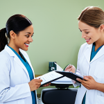 **A diverse team of dental hygienists in a modern clinic, fully clothed in professional attire, consulting patient records. Soft, natural lighting, highlighting the teamwork and patient care. Emphasis on ethical data handling and patient privacy. Safe for work, appropriate content, professional, modest, perfect anatomy, correct proportions, natural pose.**