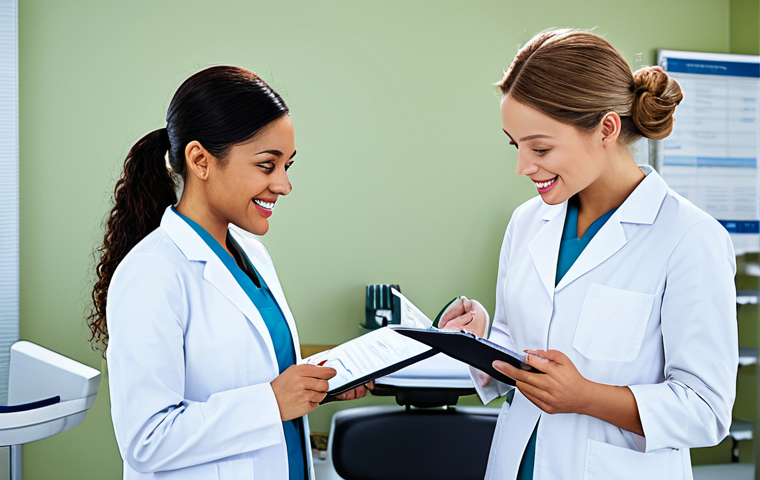 **A diverse team of dental hygienists in a modern clinic, fully clothed in professional attire, consulting patient records. Soft, natural lighting, highlighting the teamwork and patient care. Emphasis on ethical data handling and patient privacy. Safe for work, appropriate content, professional, modest, perfect anatomy, correct proportions, natural pose.**
