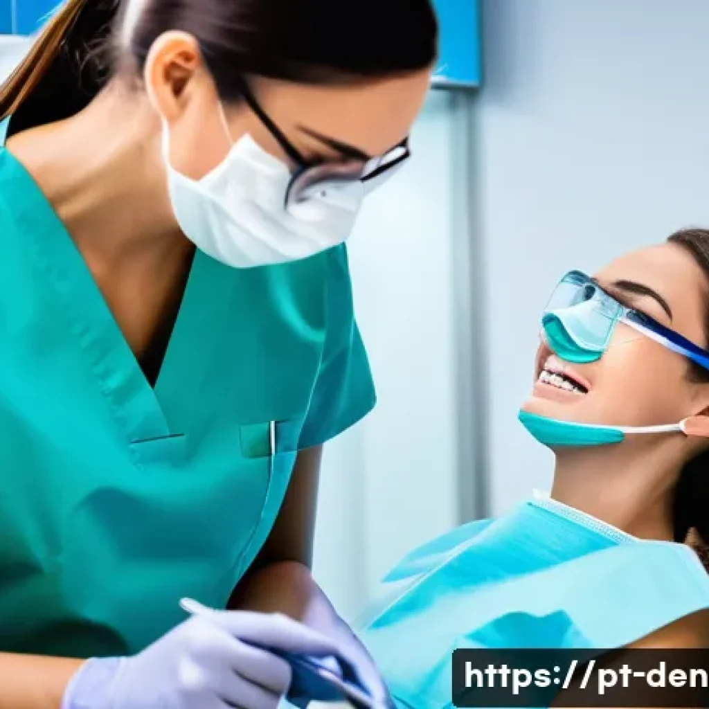 치과위생사 자격증 취득 가이드 - A professional dental hygienist wearing clean, well-fitted scrubs and protective gear including glov...