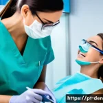 치과위생사 자격증 취득 가이드 - A professional dental hygienist wearing clean, well-fitted scrubs and protective gear including glov...