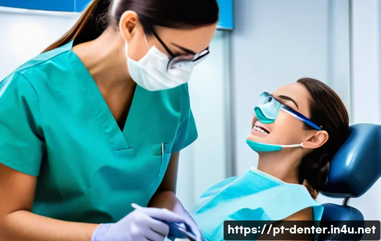 치과위생사 자격증 취득 가이드 - A professional dental hygienist wearing clean, well-fitted scrubs and protective gear including glov...