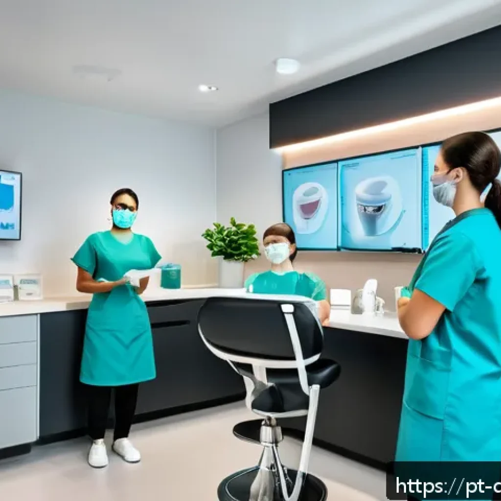 치과위생사 병원 선택 기준 - A modern dental clinic interior with a bright, welcoming atmosphere emphasizing teamwork and profess...