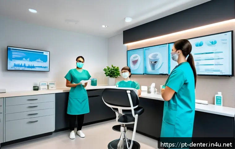 치과위생사 병원 선택 기준 - A modern dental clinic interior with a bright, welcoming atmosphere emphasizing teamwork and profess...