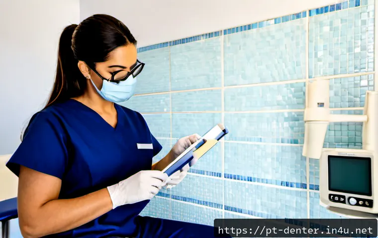 치과위생사 필수 자격 요건 분석 - Photorealistic scene in a modern Portuguese dental clinic training room, a confident adult female de...
